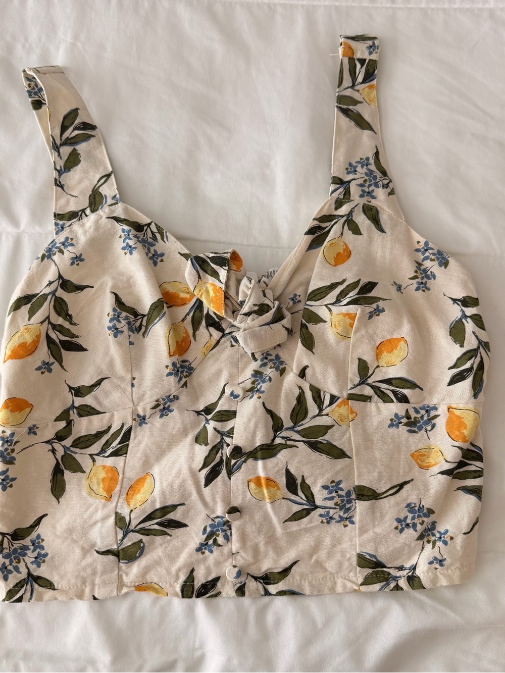 Floral Lemon Tie-Front Crop Top in Cream